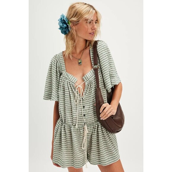 FREE PEOPLE County Line Plaid Romper in Green Combo Size X-Small NWT - Picture 1 of 13